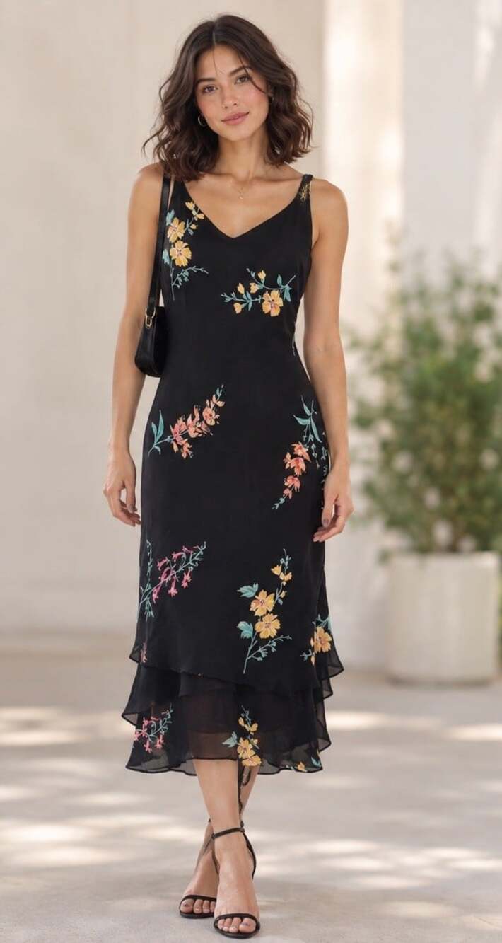EVAN PICONE Dark Floral Tiered Dress Sz 10 Wedding Party Feminine Date Night